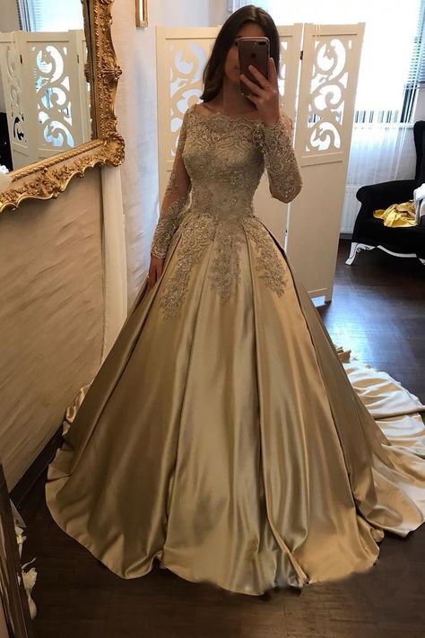 Long Sleeve Lace Ball Gown, Off The Shoulder Quinceanera Dress, Satin Ball Gown Wedding Dress, Baju Kahwin, Ball Gown Prom Dresses, Long Sleeve Ball Gowns, Gown Prom Dresses, Satin Ball Gown, Weddings Dresses