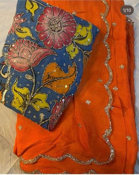 Chinnon Saree, Khatli Work, Mukaish Work, Kalamkari Blouse, Saree Painting Designs, Latest Blouse Designs Pattern, New Saree Designs, Design Saree, New Saree Blouse Designs