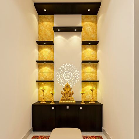 Modern Spacious Pooja Room With Elegant Interiors | Livspace Temple Inside Design, Pooja Unit Inside Design, Open Pooja Unit, Hindu Prayer Room Ideas, Mandir Design Puja Room Modern Wooden, Pooja Room Inside Design, God Room Designs, Pooja Room Interior Design, Small Pooja Room Ideas