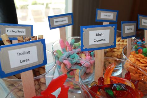 Fishing Party Table Decor Bait Bar Candy Ideas, Fishing Desert Table, Diy Fishing Theme Party Decorations, Fish Bait Candy Bar, Fishing Toddler Party, Fishing Theme Center Pieces, Fish Fry Party, Fishing Biryhday Party Theme, Fishing Themed Wedding