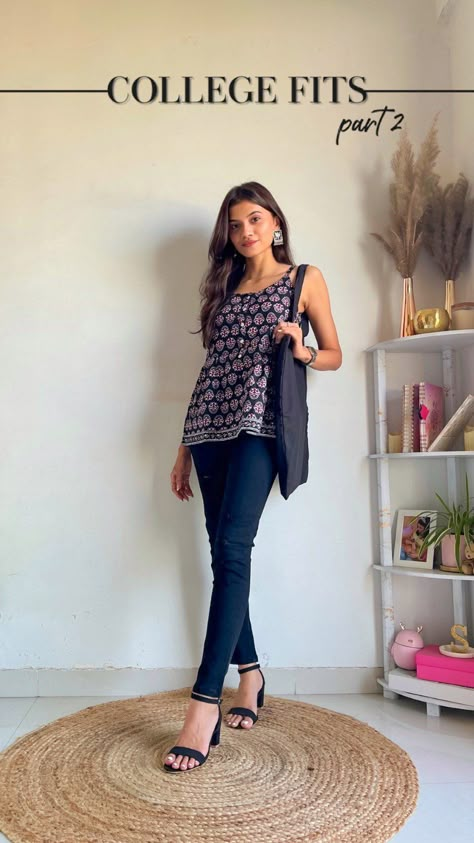 style_trails on Instagram: College Fits 2/7 🖤 Outfit Details: Top : @janasyaclothing Jeans : @sassafrasindia Earrings : @akosindia Watch : @jokerandwitch Bag :… Indowestern Outfits College, Kurtis Jeans Outfit, College Outfits Indian Kurti Jeans, College Outfit Inspo Indian, Jeans And Top Outfit Casual, Simple College Outfits Indian, Casual College Outfits Indian Kurtis, Jeans And Cute Top Outfit, Daily College Outfits