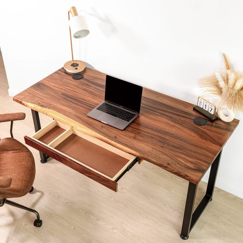 Walnut Computer Desk, Live Edge Desk, Computer Stand For Desk, Desk With Drawer, Walnut Live Edge, Computer Desks For Home, Wood Computer Desk, Functional Desk, Study Sessions