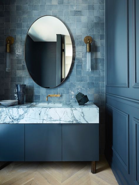 Bathroom Wall Coverings, Dark Blue Bathrooms, Disc Interiors, Mrs Smith, Zellige Tile, Gorgeous Bathroom, Powder Rooms, Big Bathrooms, Blue Bathroom