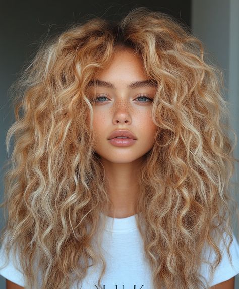 Curly Hair With Blonde Highlights: Wheat Blonde Whisper Curls Curly Hair With Blonde Highlights, Wheat Blonde, Blonde Highlights Ideas, Soft Balayage, Highlights Ideas, Blonde Streaks, Hair With Blonde Highlights, Face Framing, Sand Color