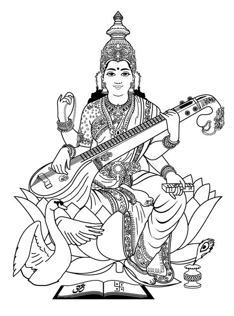 India saraswati 3 - Image with : Guitar, Music, Woman, Saraswati, From the gallery : India Saraswati Devi, Kerala Mural Painting, Sri Rama, Doodle Art Drawing, Temple Art, Tanjore Painting, Goddess Artwork, Shiva Art, Doodle Coloring