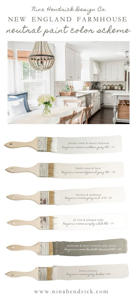 Nina Hendrick Design Co's New England Farmhouse Neutral Paint Color Scheme | A neutral and soothing color scheme for your entire home using a combination of natural colors. New England Farmhouse, Neutral Paint Color, Farmhouse Paint, Paint Color Schemes, Neutral Paint Colors, Neutral Paint, Neutral Color Scheme, Interior Paint Colors, Natural Home Decor