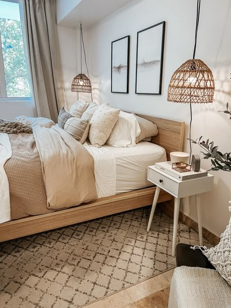 Affordable rattan pendant lights in neutral bedroom White And Brown Bedroom, Cream And White Bedroom, Tan Bedroom, Beige Bedroom Decor, Neutral Bedroom Decor, Brown Rooms, Warm Bedroom, Neutral Bedrooms, Calming Bedroom