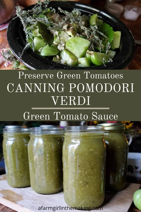 Pomodori Verdi is so easy to make and can be done with an abundance of green tomatoes from your harvest. Use this easy DIY canning recipe to make a delicious green tomato sauce perfect for pasta. #canning #greentomatoes Dehydrated Green Tomatoes, Green Tomato Sauce Recipes, Uses For Green Tomatoes, Green Tomato Spaghetti Sauce, Green Tomato Canning Recipes, How To Use Green Tomatoes, Green Cherry Tomato Recipes, Green Tomato Sauce, Garden Preserving