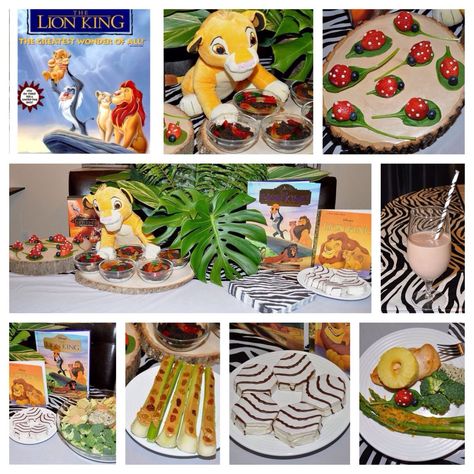 Disney Dinner and a Movie Night The Lion King Party. We had Mufasa's Circle of Life chicken with pineapple, Zazu's jungle vines (asparagus), Rafiki's Tree of Life (broccoli), Timon and Pumbaa's ladybug grub on a spinach leaf and Pride Land's rain water or muddy watering hole (chocolate milk) to drink. For dessert we had Timon and Pumbaa's dirt pudding with worms or Nala's zebra cake. Snack during the movie was ants on a log (celery, peanut butter and raisins) and Simba's Kingdom animal crackers. Disney Dinner And A Movie, Disney Movie Night Menu, Lion King Birthday Party, Disney Themed Movie Night, Disney Movie Night Food, Disney Movie Night Dinner, Movie Night Dinner, Movie Night Theme, Disney Dishes