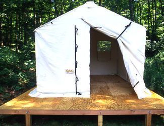 Build a Portable Platform | Outdoor Life Wooden Tent, Build Your Own Table, Canvas Wall Tent, Tent Platform, Camp Shower, Portable Sheds, Money Building, Backyard Tent, Portable Cabins