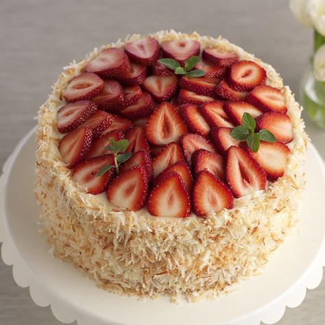 Coconut Strawberry Cake, Coconut Cake Frosting, Strawberry Coconut Cake, Light Cream Cheese Frosting, Strawberry Cake Filling, Coconut Cream Cake, Strawberry Icing, Cake With Coconut, Birthday Cake For Mom