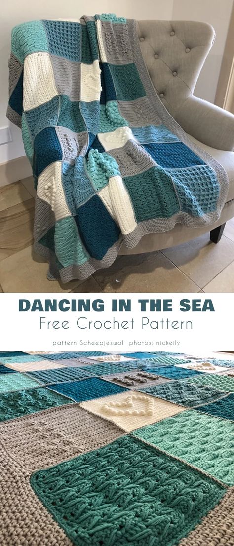 Deep in the Ocean Blue, Ocean Themed Crochet Patterns Aqua Crochet Blanket, Water Crochet Blanket, Turquoise Crochet Blanket Color Schemes, Ocean Themed Crochet Blanket, Ocean Knitting Patterns, Blue And Grey Crochet Blanket, Ocean Blanket Crochet, Coastal Crochet Patterns, Beach Themed Crochet Projects