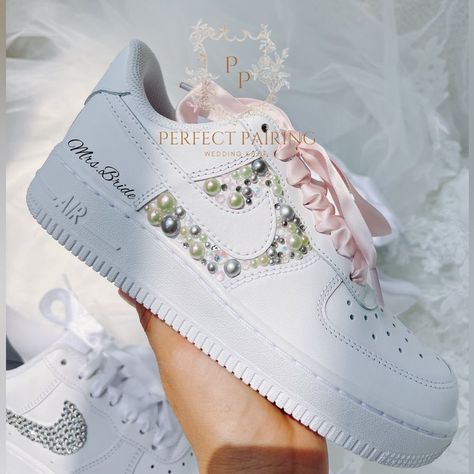 Pearls On The Outside By The Swoosh Name And Date Of Your Special Date Silk Ribbon Laces Doesnt Come With However You Can Buy Here Here Is The Link: Https://Poshmark.Com/Listing/Bridal-Shoes-Silk-Laces-Choose-One-6492247e6149735dffff2dda If You Have Any Questions Feel Free To Message Me On Here Along With You Wedding Date And Name Air Force 1 Wedding, Sneakers For Bride, Wedding Sneakers For Bride, Wedding Bride Shoes, Sneakers Wedding, Bride Sneakers, Wedding Shoes Sneakers, Custom Wedding Shoes, Bridal Sneakers