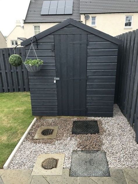 Painted Garden Sheds, Garden Fence Paint, Black Shed, Cuprinol Garden Shades, Painted Shed, Fence Plants, Garden Layout Vegetable, Horizontal Fence, Shed Colours