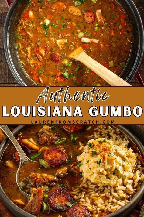 Ever wanted to make gumbo like they do in Louisiana? This recipe will help you get that dark roux right! It's an authentic Louisiana comfort food. Made with spicy andouille sausage, seasoned chicken, and the holy trinity. See more Louisiana recipes at LaurenFromScratch.com. Gumbo Recipe No Seafood, Louisiana Soup Recipes, Cajun Fall Recipes, Gumbo Recipe Authentic Crockpot, Pork Gumbo Recipe, Chicken And Andouille Sausage Gumbo, Turkey And Sausage Gumbo, Sides With Gumbo, Gumbo Rue Recipe