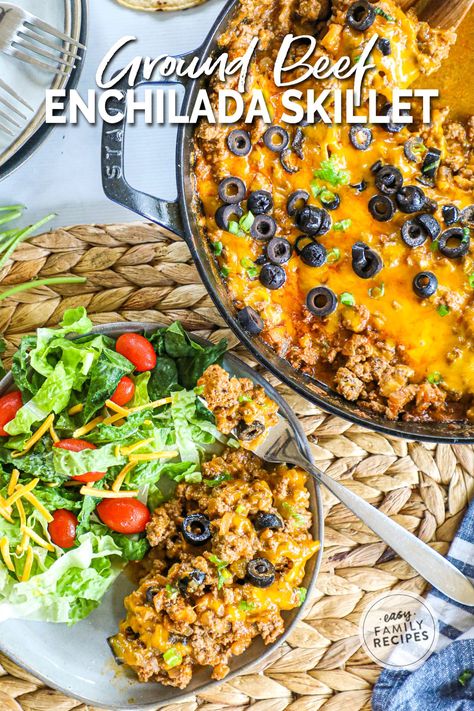 Husband FAVORITE! Beef Enchilada Skillet is a supper quick and easy way to get all the delicious flavor of ground beef enchiladas with none of the carbs! This low carb dinner idea is perfect for the whole family since it can be served low carb, or used to stuff tortillas, over chips, or rice. It is the best easy ground beef dinner recipe and a regular on our dinner rotation. Make it for an easy weeknight dinner or a keto dinner that the whole family will love! Low Calorie Beef Meals, Ground Beef Enchiladas Healthy, Low Carb Ground Beef Enchiladas, Low Carb Enchiladas Beef, Beef Enchilada Skillet Recipe, Healthy Enchilada Skillet Recipe, Keto Beef Burrito Skillet, Beef Enchilada Skillet, Skillet Enchiladas