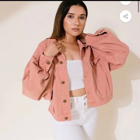 PEACH BOxY CROPPED TRUCKER JACKET Oversized Distressed Denim Jacket, Unique Denim Jacket, Hot Pink Denim, Denim Jackets For Women, Dark Blue Denim Jacket, Green Denim Jacket, Denim Jacket With Fur, Yellow Denim, Asymmetric Jacket