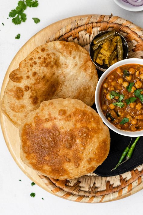 Pav Bhaji Aesthetic, Chole Bhature Photography, Chole Bhature Snapchat Story, Fried Indian Bread, Baked Indian Fry Bread, Chat Food, Fluffy Indian Fry Bread, Vegetarian Chickpea Curry, Spicy Chickpeas