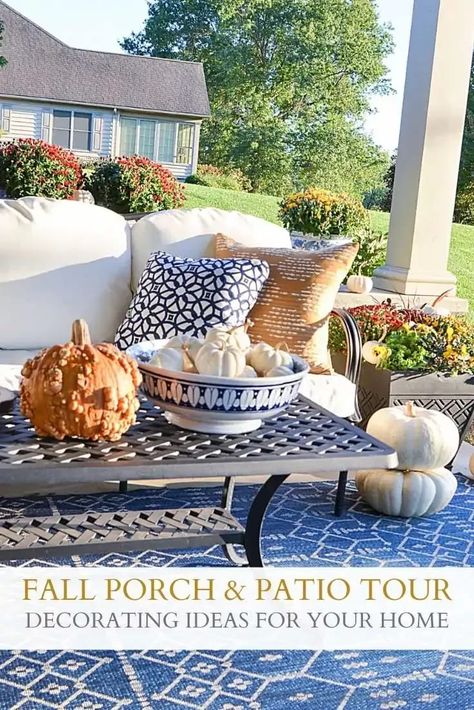 Come visit our FALL PORCH AND PATIO TOUR. Lots of fall decorating ideas and home decor tips for outdoor spaces around your home. Find pumpkin tips and how to care for mums as well as how to style an outdoor living room. Fall Patio Ideas, Small Patio Spaces, Upscale Decor, Porch And Patio, Fall Patio, Small Patio Decor, Colorful Patio, Transitional Home Decor, Fall Inspiration