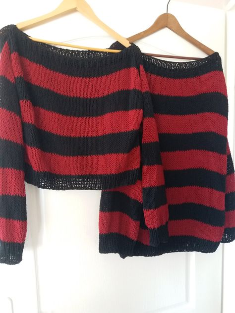 "Hand knitted grunge sweater with long sleeves and red and black stripes. Chunky knitted oversized fitted jumper. Perfect for casual and everyday usage; will go perfectly with jeans, leggings and may combine easily with many colors, especially with all blacks. Material: 100& acrylic yarns This is a handknitted \"made to order\" sweater so feel free to message me for different color combinations." Red And Black Striped Shirt, Nonbinary Outfits, Red And Black Striped Sweater, 90s Style Grunge, Grunge Jumper, Red And Black Sweater, Red Striped Sweater, Grunge Sweater, Punk Style Outfits