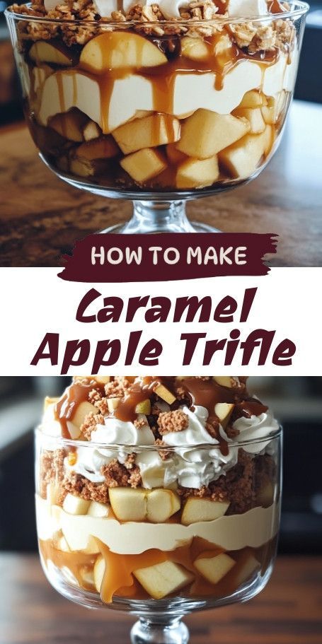 Layers of caramel-drizzled apples, moist sponge cake, and fluffy cinnamon whipped cream make this dessert the perfect centerpiece for your autumn gatherings. Easy to prepare and impressively delicious, it’s a must-try this season! #CaramelAppleTrifle #FallDesserts #EasyRecipe Trifle Desserts Apple, Apple Cake Trifle, Caramel Trifle Desserts, Apple Trifle Desserts, Trifle Bowl Desserts, Caramel Apple Trifle, Moist Sponge Cake, Mini Eggs Cake, Cinnamon Whipped Cream