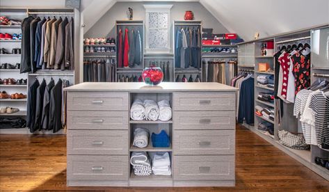 Diy Closet Island, Closet Island Ideas, Closet Islands, Slanted Ceiling Closet, Attic Closet Ideas, Closet Conversion, Adjustable Closet System, Transitional Closet, Diy Custom Closet