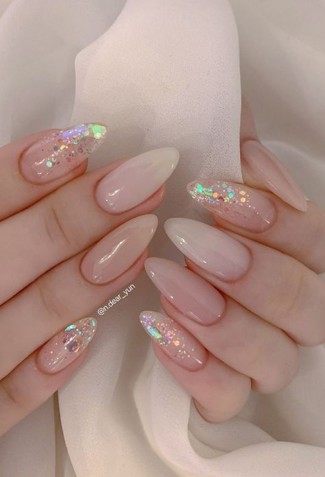 nude pink korean jelly nails. pink glitter nails. bridal pink nails. wedding nail ideas. Pink Korean Nails Almond, Cute Pink Glitter Nails, Jelly Valentine Nails, Chinese Inspired Nails, Korean Nail Designs Trends, Light Pink Jelly Nails, Korean Pink Nails, Korean Nail Ideas, Pink Glass Nails