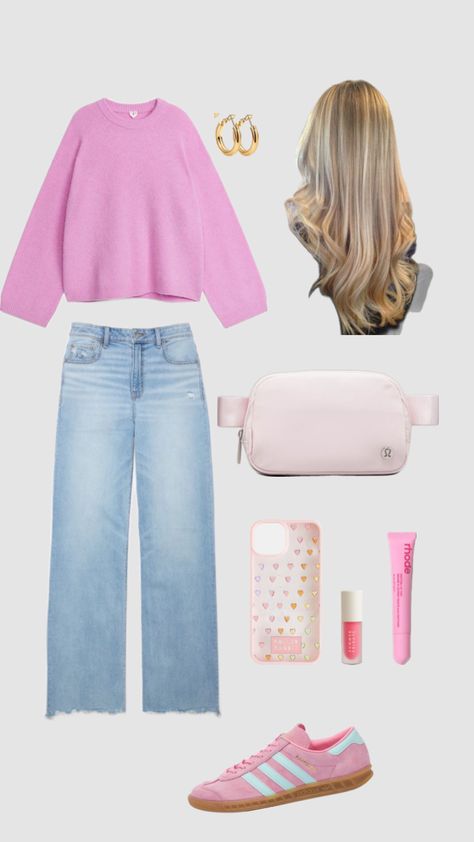 #outfitinspo #falloutfit #preppy #pink #pinksweater #adidas #sambas #rollerrabbit #rhode #summerfridays #lululemon #goldhoops #earrings #jeans #widelegjeans Preppy Jeans Outfit, Preppy Jeans, Preppy Pants, Adidas Sambas, Preppy Pink, Roller Rabbit, Jeans Outfits, Outfit Inspo Fall, Pink Sweater