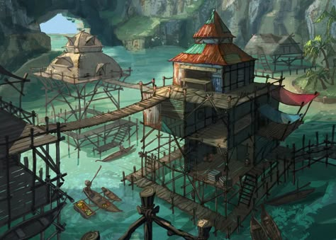 Stilt village by Emilie VF | Illustration | 2D | CGSociety Water Village Concept Art, Pirate Town Concept Art, Water Village Fantasy Art, Fantasy Water Village, Water Village, Pirate Village, Village Drawing, Pirate Island, Fantasy Village