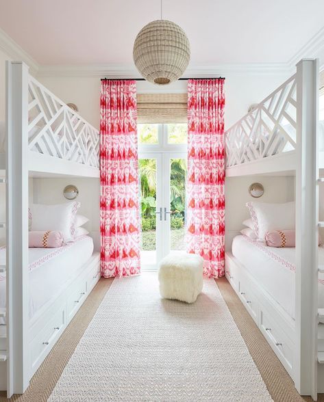 Kara Miller on Instagram: “A bunk room made for fun! 👧🏼 #karahebertinteriors 📸: @brantleyphoto” Patterned Drapes, Preppy House, Interior Design Career, White Bunk Beds, Bunk Rooms, Bunk Bed Designs, Bedding Inspiration, Girls Rooms, Bamboo Blinds