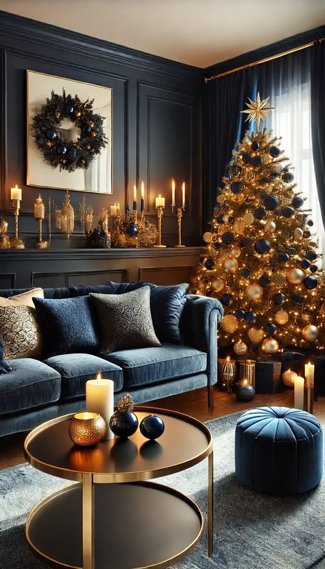 Blue Sofa Christmas Decor, Navy And White Christmas Decor, Navy Blue Christmas Tree Color Schemes, Dark Blue And Gold Living Room, Navy Blue And Gold Christmas Decor, Navy Blue And Gold Christmas Tree, Navy And Gold Christmas Decor, Blue And Brown Christmas, Navy And Gold Christmas Tree