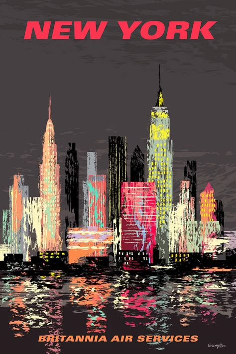 New York Painting, Skyline Painting, Retro Kunst, New York Poster, New York City Skyline, Usa Art, New York Art, Vintage New York, Room Decorations