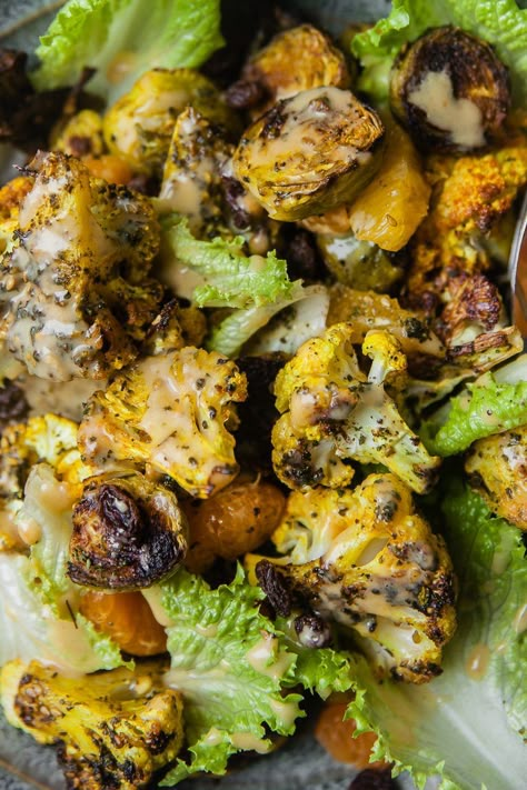 Zaatar Roasted Cauliflower Brussel Sprouts with Maple Mustard Dressing Cauliflower Brussel Sprouts, Clafoutis Recipes, Sweet Dressing, Maple Mustard, Sprout Recipes, Winter Salad, Mustard Dressing, Cauliflower Recipes, Vegetable Sides