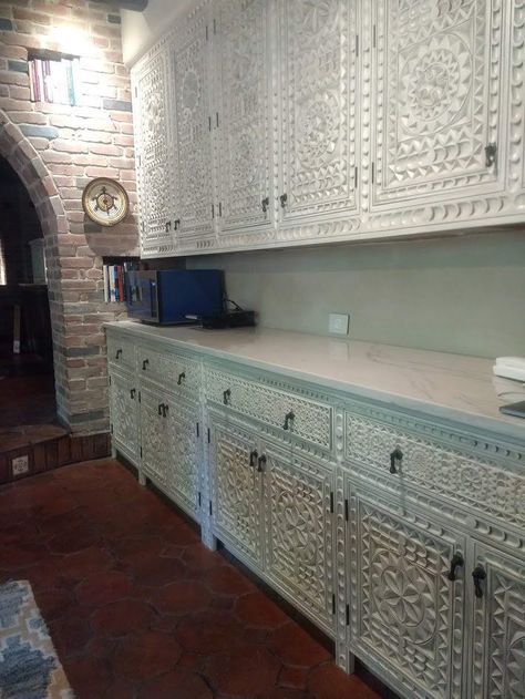 Carved Kitchen Cabinets, Refacing Cabinets, Santa Barbara, CA Santa Fe, NM Kitchen Cabinets Refacing, Spanish Revival Bathroom, Refacing Cabinets, Mexican Kitchen Style, Mexican Style Kitchens, Moroccan Kitchen, Spanish Furniture, Marble Counters, Kitchen Cabinet Trends