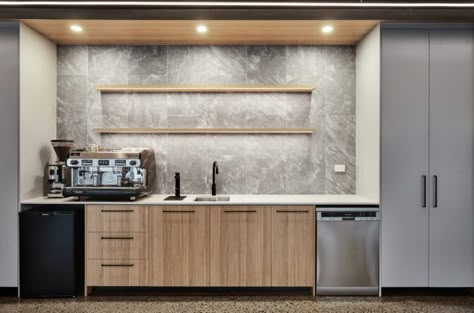 Break Room Design, Commercial Interiors Office, Office Kitchenette, Kitchenette Design, Pantry Bar, Office Coffee Bar, Pantry Interior, Cafeteria Design, Office Break Room