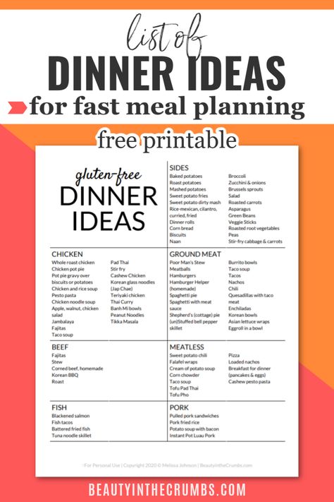 Free printable list of gluten free dinner ideas for families on a budget. Streamline your meal planning and keep your menu exciting with this list of gluten free dinners to save you some time, money, and sanity (which we all desperately need right now!).  #dinnerideas #glutenfreedinner #whattoeat #mealplan #menuplan #freeprintable Meal Planning List Ideas, Meal Idea List Printable, Dinner Ideas List Free Printable, Gluten Free Monthly Meal Plan, Gluten Free Grocery List Meal Planning, Grocery List Ideas Menu Planning, Meal List Ideas Menu Planning, Meal Planning Dinner Ideas, Gluten Free Menu Plan