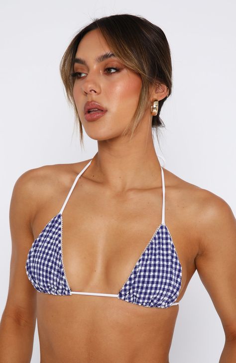 The Coral Reef Bikini Top Blue Gingham. Head online and shop this season's latest styles at White Fox. Express delivery and AfterPay available. Lake Weekend, Gingham Swimsuit, Swimsuit Inspo, Blue Bathing Suit, Summer Bathing Suits, Trendy Bikinis, Beach Bathing Suits, White Bikinis, The Coral