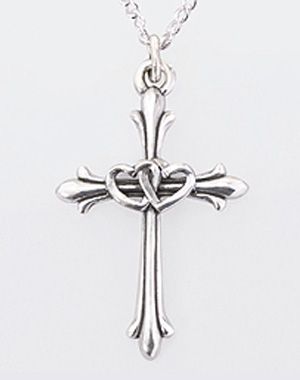 This delicate cross will be admired by many with its intricate detail and appeal. Featuring two intertwined hearts at its center as well as fleur tips, this cross necklace is a timeless way to represent your devotion to God. This design is handcrafted with sterling silver and comes on an 18 curb chain. 7/8 H x 5/8 W. Made in the U.S.A. Christian Jewelry Necklaces, Heart Cross Necklace, Necklace Drawing, Cross Necklace For Women, Black Leather Necklace, Silver Cross Necklace, Sterling Silver Cross Necklace, Christian Necklace, Cross Necklaces