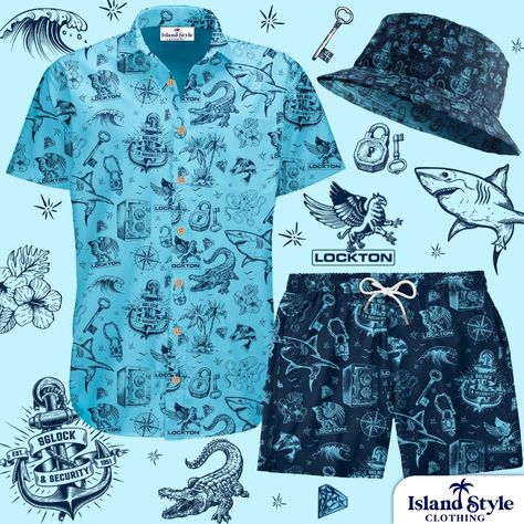 Betcha, you’ve never seen a design like this before! 👆🏻 This was exclusively designed for the Lockton, Cairns Trade Show. The set includes a button-down shirt, swim shorts, and a bucket hat, all featuring a cohesive blue-themed design that blends nautical and security elements. The graphics on the clothing include detailed illustrations of sharks, alligators, anchors, keys, locks, compasses, and the Lockton logo, reflecting the security focus of the brand. 🦈🐊🔐🌺🌊💎 Do you need any custom uni... Aloha Friday, Custom Uniform, Team Wear, August 15, Cairns, Hawaiian Shirts, Custom Branding, Trade Show, Swim Shorts