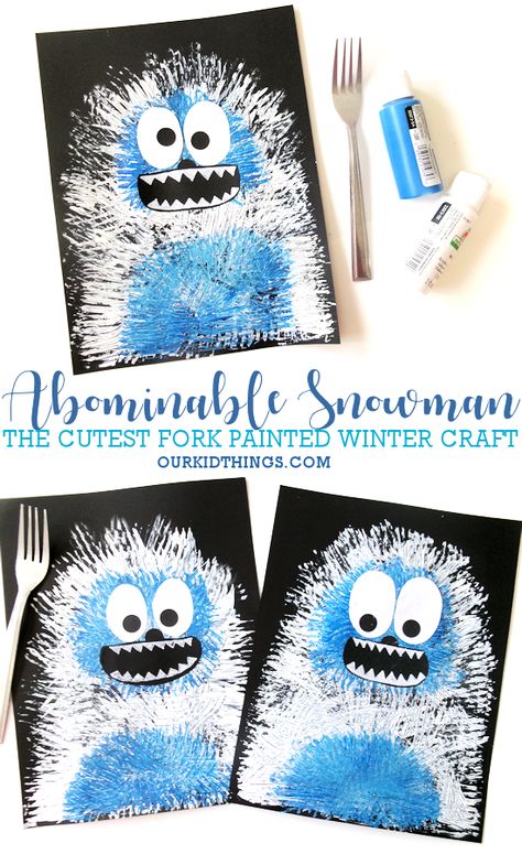 Abominable Snowman Fork Painted Craft - Our Kid Things Christmas Kid Art Projects, Fun Winter Crafts For Preschoolers, January Arts And Crafts For Kids Easy, Activities For January For Kids, Thanks Giving Crafts Toddler, January Ideas For Kids, Artic Crafts Preschool, Make Believe Crafts For Preschool, Winter Educational Activities For Kids