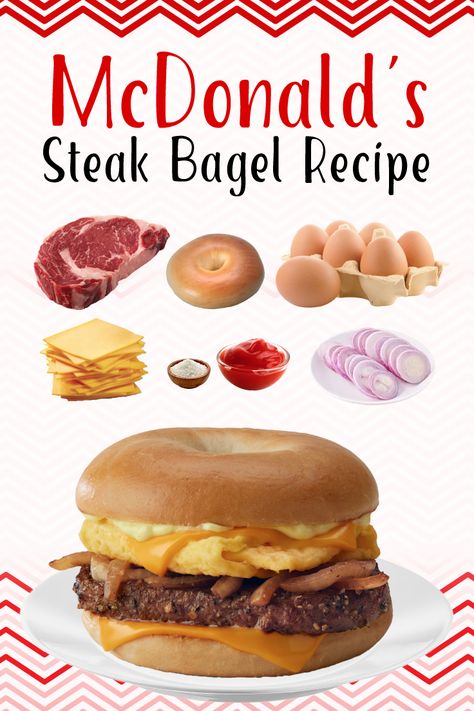 Steak, egg, and cheese on a toasted bagel - the ultimate breakfast sandwich! This McDonald's copycat recipe is calling your name. #breakfastsandwich #foodie" Steak Bagel Recipe, Steak And Cheese Bagel, Copycat Steak Egg And Cheese Bagel, Mcdonald’s Steak Egg And Cheese Bagel Sandwich, Steak Bagel, Mcdonald's Steak Egg And Cheese Bagel, Steak Egg And Cheese Bagel, Egg And Cheese Bagel, Yummy Fast Food