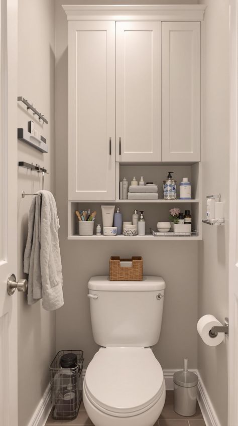 Small Bathroom Ideas Half Bath With Storage, Bathroom With Storage Ideas, In Wall Bathroom Storage, Water Closet Storage Ideas, Small Bathroom With Storage, Tiny Bathroom Organization, Behind Toilet Storage, Tiny Bathroom Storage Ideas, Wall Bathroom Storage