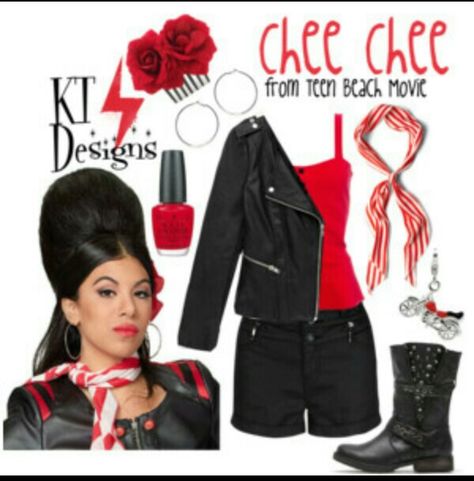 Chee chee biker costume Beach Day Spirit Week, Teen Beach Movie Costumes, Decade Outfits, Teen Beach Party, Biker Costume, 90s Theme Party Outfit, Decades Costumes, Teen Beach 2, Spirit Week Outfits