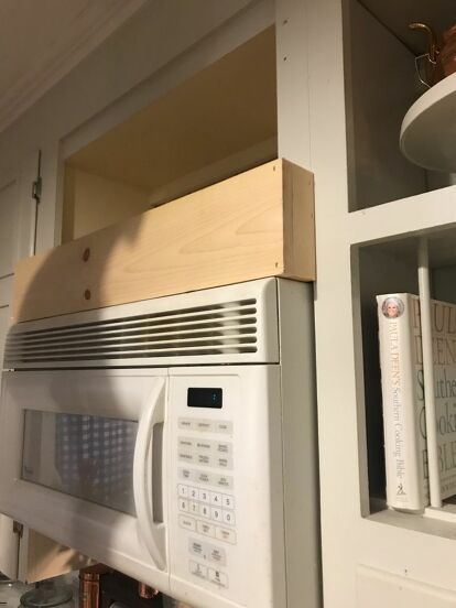 Diy Faux Hood Above Microwave, Small Wall Decor Ideas Kitchen, Above Microwave Ideas, Faux Hood Over Microwave, Faux Range Hood Over Microwave, Hood Above Microwave, Range Hood Over Microwave, Vent Hood Over Microwave, Microwave Range Hood Ideas