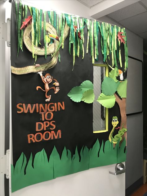 Tropical rainforest classroom door! Class Charter, Rainforest Classroom, Book Bulletin Board, Rainforest Theme, Summer Preschool, Woodland Decor, Tropical Rainforest, Classroom Door, Jungle Theme