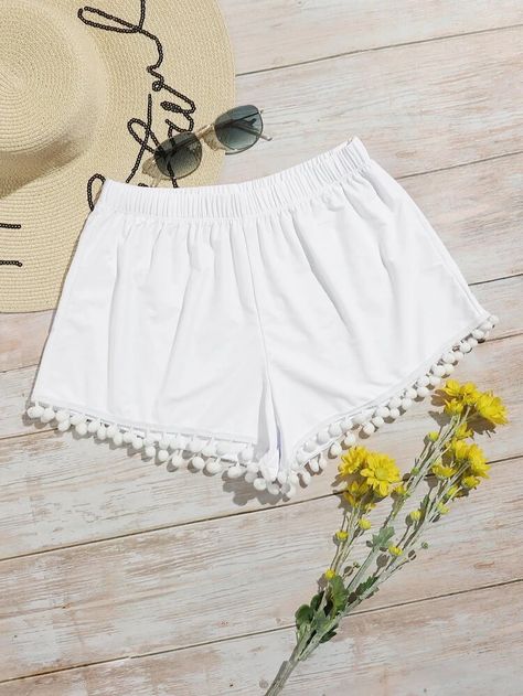 Pom Pom Trim Swim Shorts | SHEIN White Swim Shorts, Pom Pom Shorts, Short Blanc, Swim Shorts Women, Pom Pom Trim, Beachwear For Women, Swim Suit Bottoms, Swimwear Outfit, Shein Style