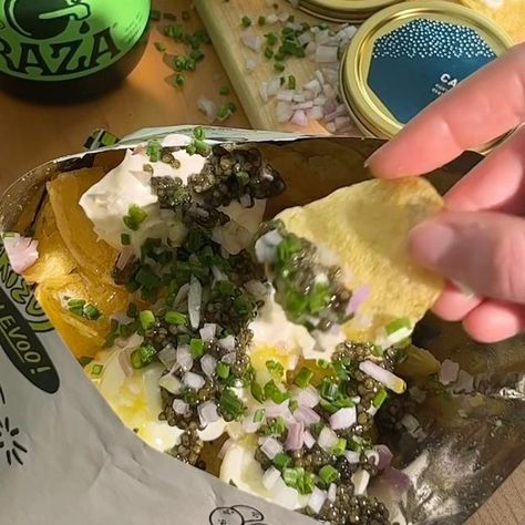 Graza on Instagram: "wdym you aren’t slicing your bag of perfectly salty olive oil potato chips open, stuffing them with crème fraiche, and topping them with fresh caviar from @islandcreekoysters and olive oil????  if you haven’t tried it, you should change that. click the link in our bio to get your crunch on before it’s too late!!!" Caviar Potato Chips, Caviar And Potato Chips, Fresh Potato, Potato Chips, Too Late, Click The Link, Montreal, Olive Oil, Potato