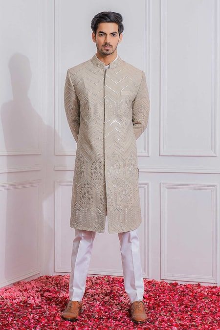 Buy Grey Pure Georgette Embroidered Mirror Sherwani Set For Men by Ankit V Kapoor Online at Aza Fashions. Sherwani For Men Wedding, Wedding Kurta For Men, Groom Dress Men, Off White Pants, Sherwani For Men, Men's Ethnic Wear, White Kurta, Western Jacket, Indian Groom