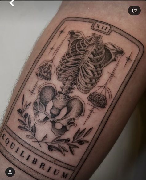 Libra Tarot Card Tattoo, Equilibrium Tattoo, Anatomy Tattoo, Brain Tattoo, Tarot Tattoo, Tarot Card Tattoo, Libra Tattoo, Heart Brain, Skeleton Tattoos