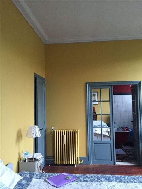 Living Room Ideas Yellow Walls, Yellow Room Paint, Yellow Hallway, Grey Interior Doors, English Cottage Interiors, Mustard Walls, Living Room Wall Color, Yellow Room, Yellow Interior